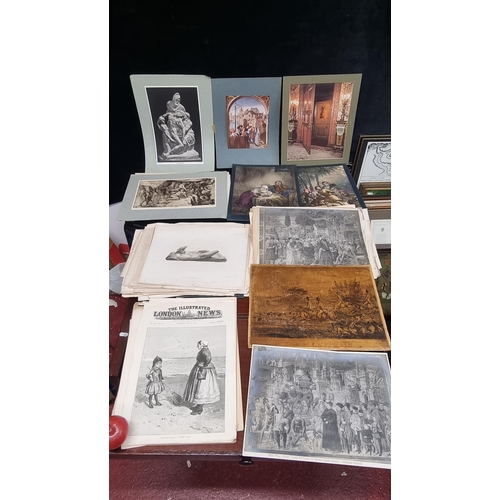 308 - A large box containing over thirty illustrative prints and engravings Some from the 18th century . I... 