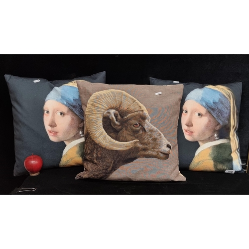 309 - Three lovely brand new plush cushions, with a matching pair depicting Vermeer's 