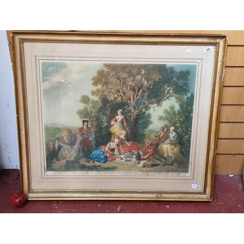 347 - An incredible, large 19th century chromolithograph of a merry making scene of men and wenches picnic... 