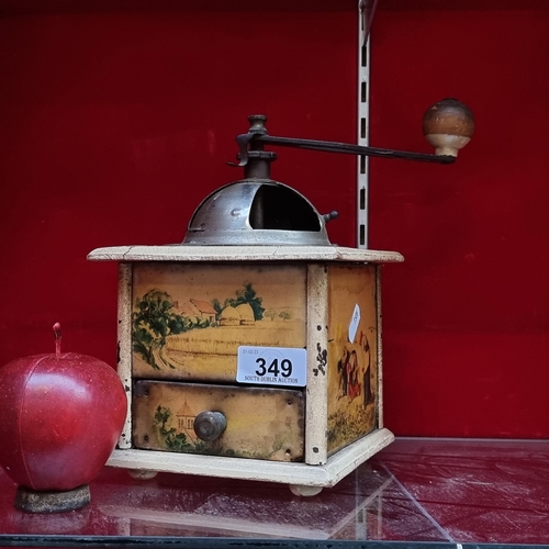 349 - A gorgeous vintage wooden coffee grinder. The base features colourful metal inserts illustrated with... 