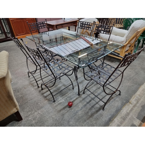 677 - Star lot : A fabulous seven piece outdoor / indoor dining suite, comprising of a rectangular table w... 