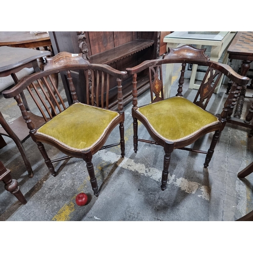 691 - Two very elegant Victorian corner chairs. Beautiful examples with marquetry inlaid backrest and turn... 