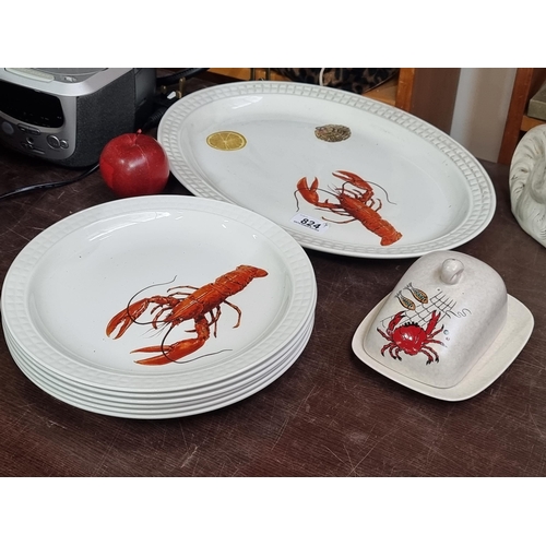 824 - Seven pieces of nautical themed pottery including six Pontesa ironstone dinner plates with a lobster... 