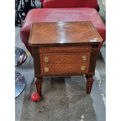 833 - Star Lot : A charming French bedside table with parquetry ornament throughout. Features drop ring ha... 