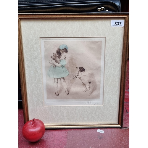 837 - A charming vintage hand tinted lithograph showing a young girl playing with her dog. Handsigned by a... 