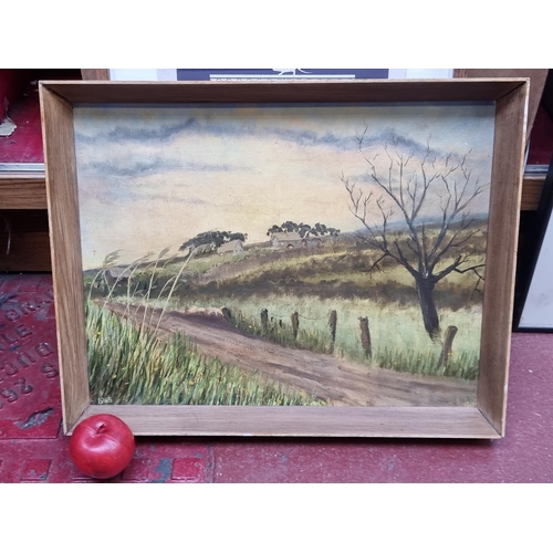 838 - A delightful original vintage acrylic on canvas painting showing a rural field with a cottage nestle... 