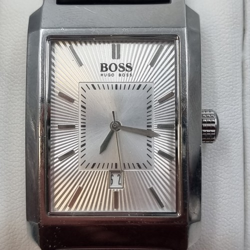 235 - A designer Boss tank style silver faced wrist watch. This example features baton dial, luminous hand... 