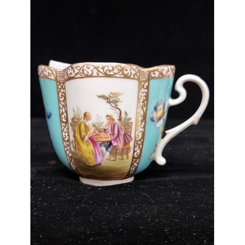 322 - A wonderful 19th century Dresden porcelain cup and matching saucer both of the quatrefoil form and f... 