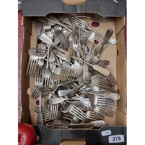 278 - A large quantity of antique silver plated forks, many different crests and makers stamps to handles.