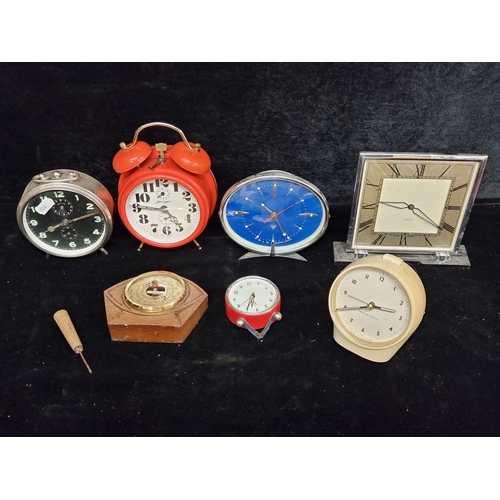 279 - A great lot of six clocks and a barometer including a fabulous Smith's eight-day art deco style cloc... 