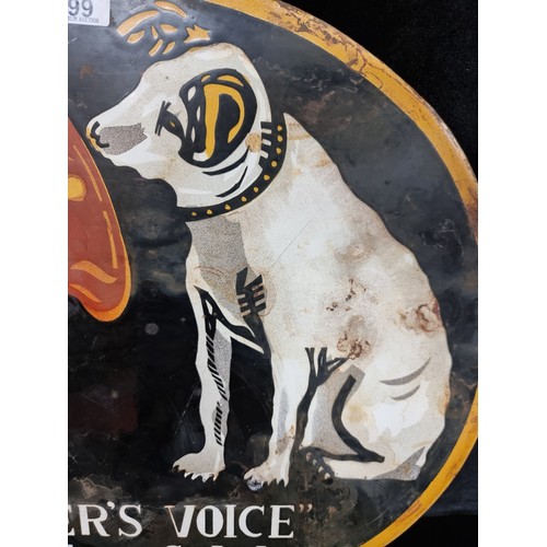 99 - A large heavy vintage metal enameled wall sign for His Master's Voice. With the iconic Nipper dog lo... 