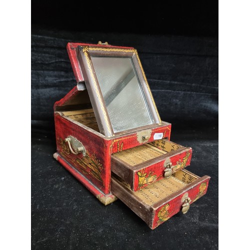 208 - A very lovely vintage Chinese jewellery box. A charming item with folding vanity mirror. Decorated w... 