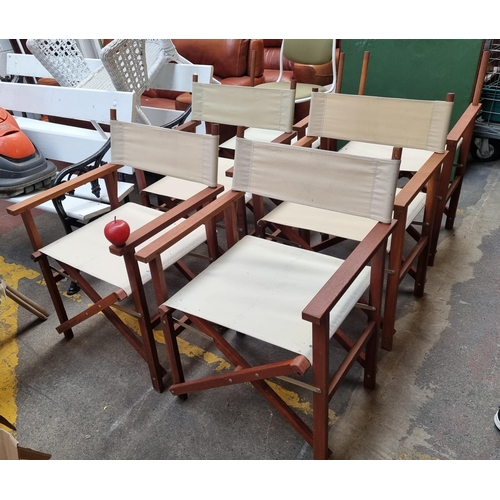 446 - Six outdoor foldaway chairs with wooden frames and stretched canvas seat and back. Two are missing b... 