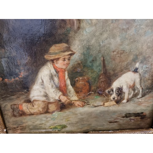 101 - Star lot : A beautiful antique original oil on canvas painting featuring a young poor boy in period ... 