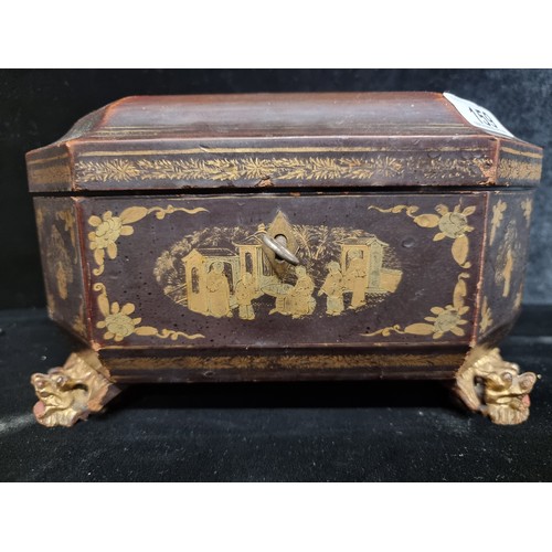 159 - Star Lot : A Fabulous  Chinese tea-caddy. Featuring pagoda scenes in gilt with figural chilong feet.... 