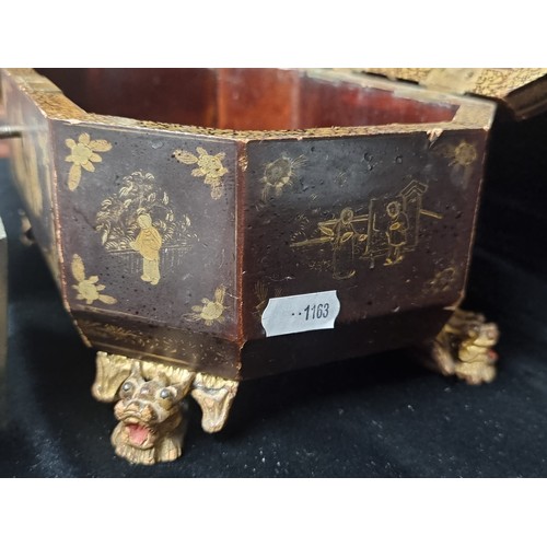 159 - Star Lot : A Fabulous  Chinese tea-caddy. Featuring pagoda scenes in gilt with figural chilong feet.... 