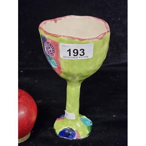 193 - A beautiful rare  John Ffrench for ceramic drinking goblet. Hand painted in vibrant shades with abst... 