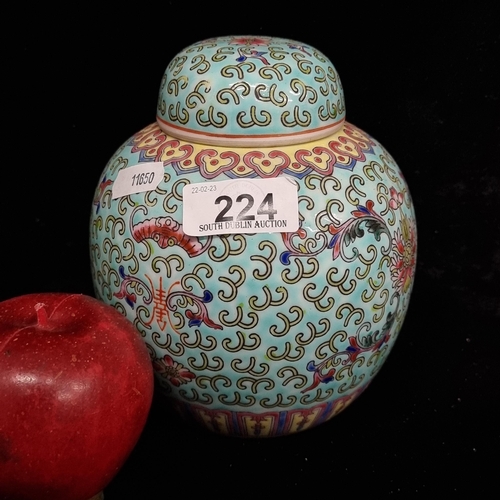 224 - A Fabulous vintage  hand painted Chinese ginger jar in vibrant colors of turquoise, red, yellow and ... 