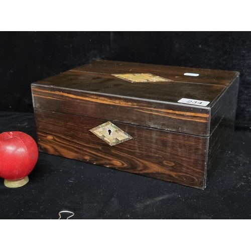 234 - A beautiful Victorian exotic wood work box with stunning abalone shell cartouche and escutcheon. Wit... 