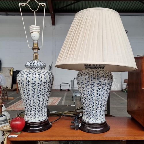 483 - A gorgeous tall pair of ceramic table lamps. These urn shaped pieces feature a very pretty pattern o... 