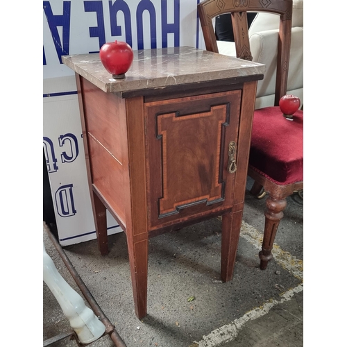 496 - A wonderful antique locker with great marquetry inlay and featuring a nice heavy sand coloured marbl... 