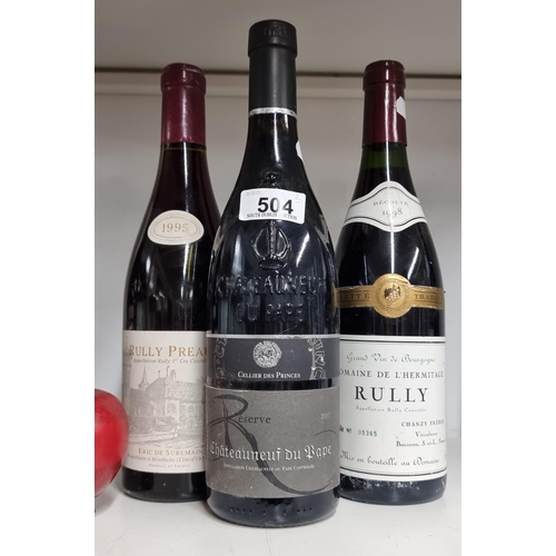 504 - Three sealed vintage bottles of red wine including a 1995 Rully Preaux bottled by Eric De Suremain. ... 