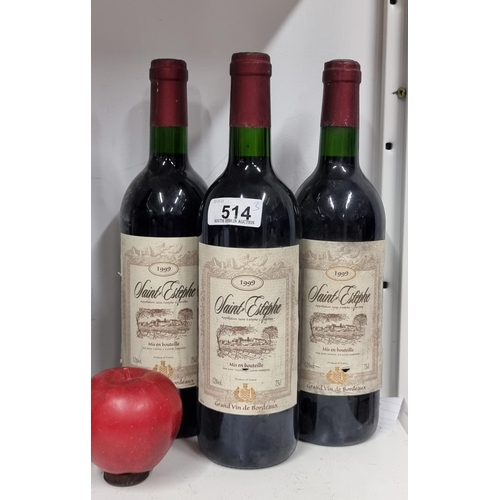 514 - Three sealed bottles of 1999 Saint-Estèphe Grand Vin de Bordeaux. Capacity 75cl.