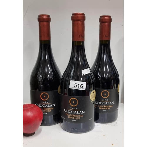 516 - Three sealed bottles of 2008 Vina Chocolan Gran Reserva Pinot Noir. Winner of the Gold Medal of 2009... 