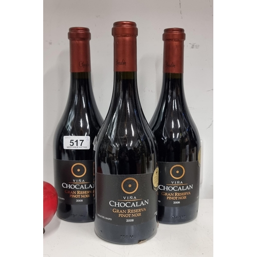 517 - Three sealed bottles of 2008 Vina Chocolan Gran Reserva Pinot Noir. Winner of the Gold Medal of 2009... 