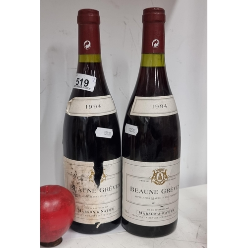 519 - Two sealed bottles of 1994 Beaune Grèves red wine. Bottled by Marson & Natier. Capacity 75cl. Retail... 