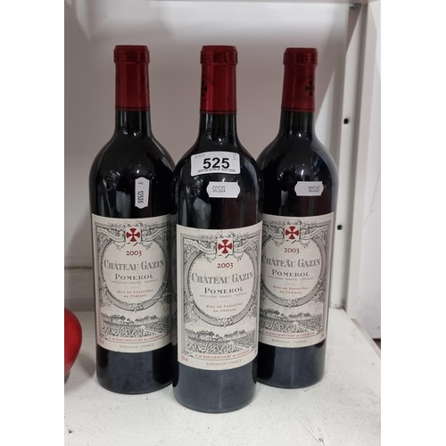 525 - Star lot : Three sealed bottles of 2003 Chateau Gazin Pomerol from Bordeaux.  A superb wine 75cl per... 