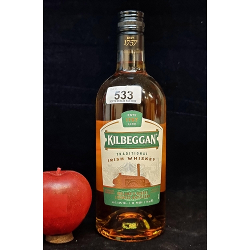 533 - A sealed bottle of Kilbeggan Traditional Irish Whiskey. Capacity 70cl. Retailing for €32 on The Celt... 