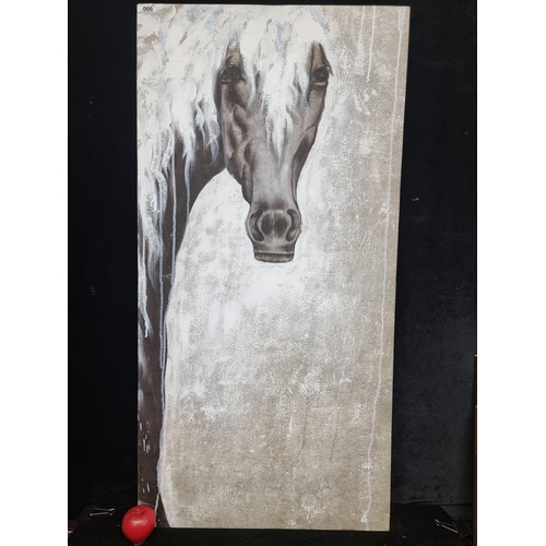 66 - A large original painting of a dark horse head with highly textural background and mane in a bright ... 