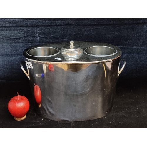 585 - A stylish large double handled ice bucket with two bottle compartments and a central lidded opening ... 