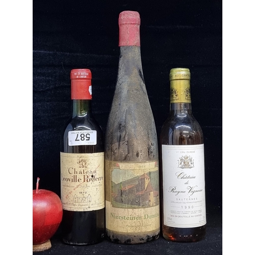 587 - Three vintage sealed bottles of wine including a 1964 Niersteiner Domthal (75cl), a 1972 Chateau L'e... 