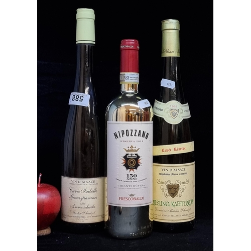 588 - Three sealed bottles of wine including a 1985 Riesling Kaefferkopf cuvée réserve (75cl), a 1990 Cuvé... 