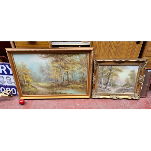 875 - Two original oil on canvas paintings dating to the 1990s featuring textural landscape scenes of a fo... 