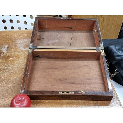 189 - A fabulous vintage solid mahogany storage box with brass fittings. Features a cartouche in the form ... 