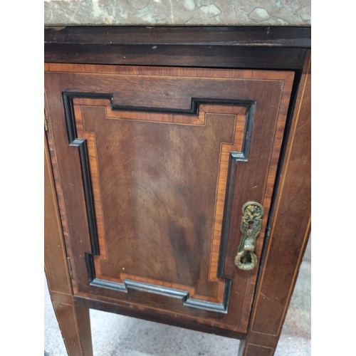 496 - A wonderful antique locker with great marquetry inlay and featuring a nice heavy sand coloured marbl... 