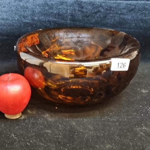 126 - A very chic 1960's auburn glass bowl in a retro concave curving shape, spattered with black speckles... 