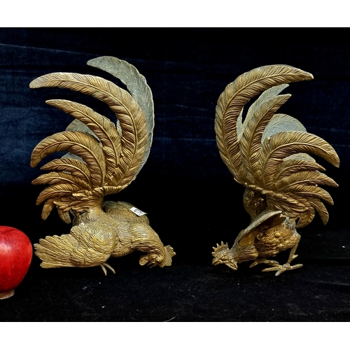 139 - A pair of heavy vintage  brass game cocks. This highly detailed pair depicts a dramatic cockfight wi... 