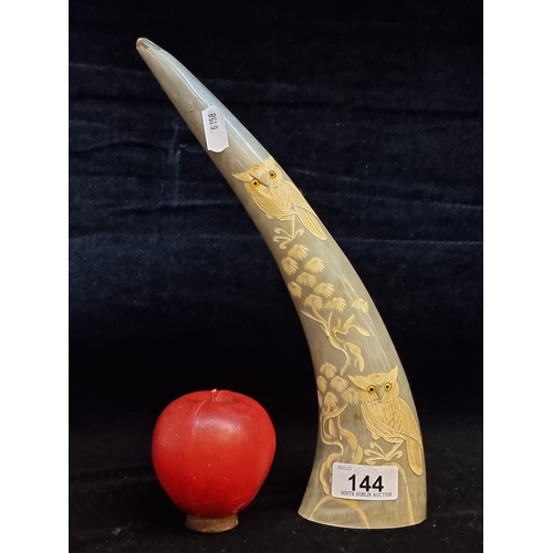 144 - A stunning polished Chinese water buffalo horn. Etched with perched owl motifs and featuring amber g... 