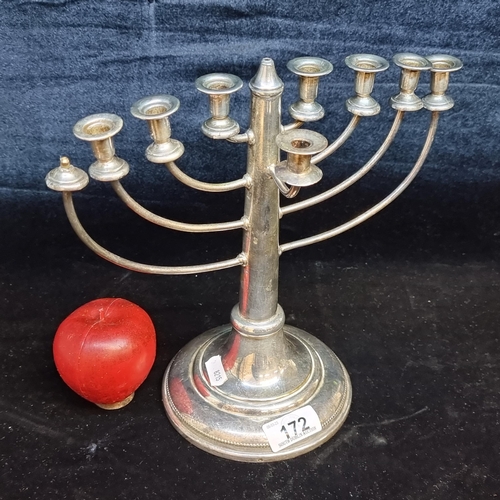 172 - A beautiful nine branch Hanukkiyah candelabra. Also known as a Hannukah Menorah. Missing one bobeche... 