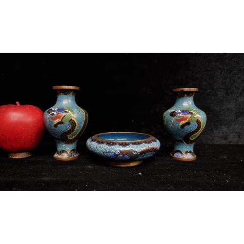 288 - A set of three dainty vintage Chinese cloisonné pieces including two delicate bud vases and a neatly... 