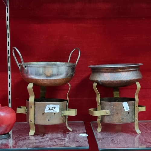 347 - A pair of vintage copper and brass kettle food warmers, one example contains a hammered copper bowl ... 