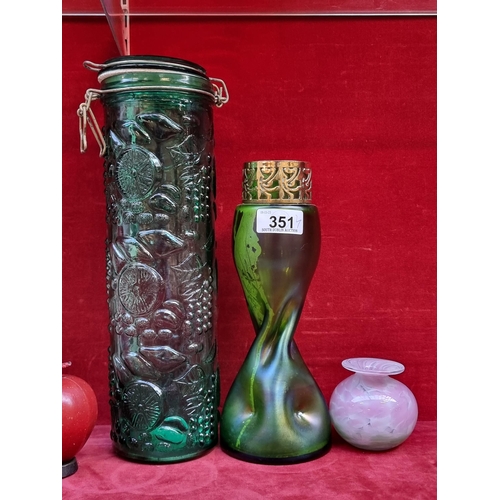 351 - Three lovely glass items including a beautiful Kerry glass budvase with layered pastel tones along w... 