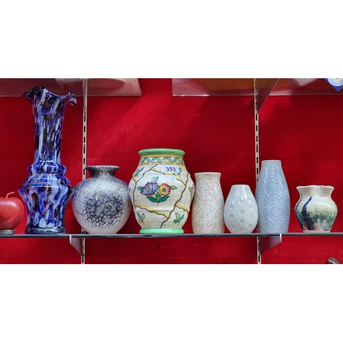 353 - A nice selection of six ceramic pottery vases including a Charlotte Rhead Crown Ducal trellis vase c... 