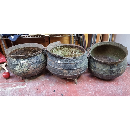 369 - Three wonderful antique cast iron cauldrons with ribbed sides and lifting handles. Raised on three s... 