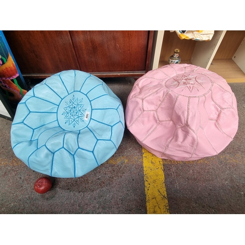 490 - A pair of colourful stylish leather foot stool covers. With wonderful stitched detail to top and sid... 
