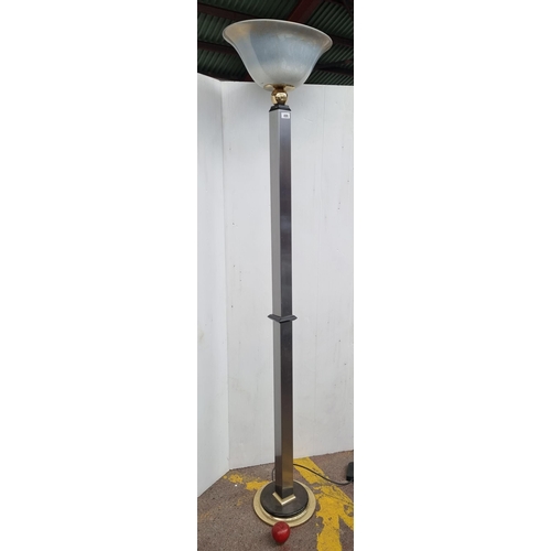 496 - A tall heavy elegant Art Deco style floor standing lamp with brushed chrome stem and ceramic shade, ... 